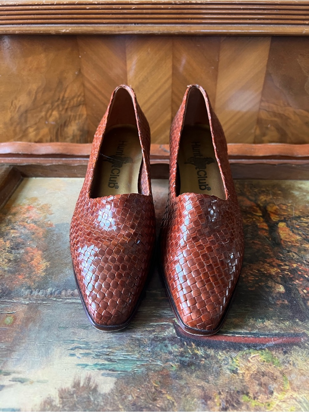 Vintage Hunt Club Woven Leather Pointed Slip-On Short Heels - Cognac Brown